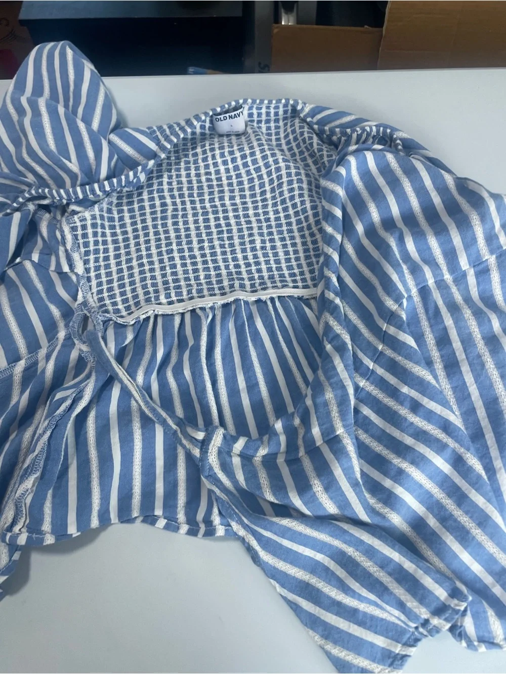 Old Navy Blue and White Striped Wrap Puff Sleeve Top